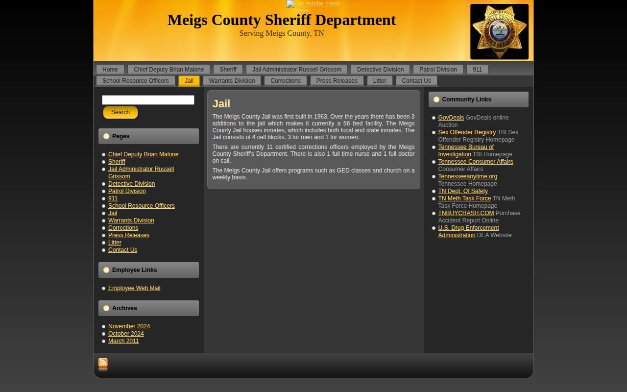 Meigs County Jail page without a recent release list