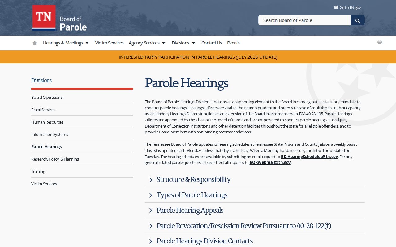Tennessee Board of Parole hearing information for Meigs County parole verification